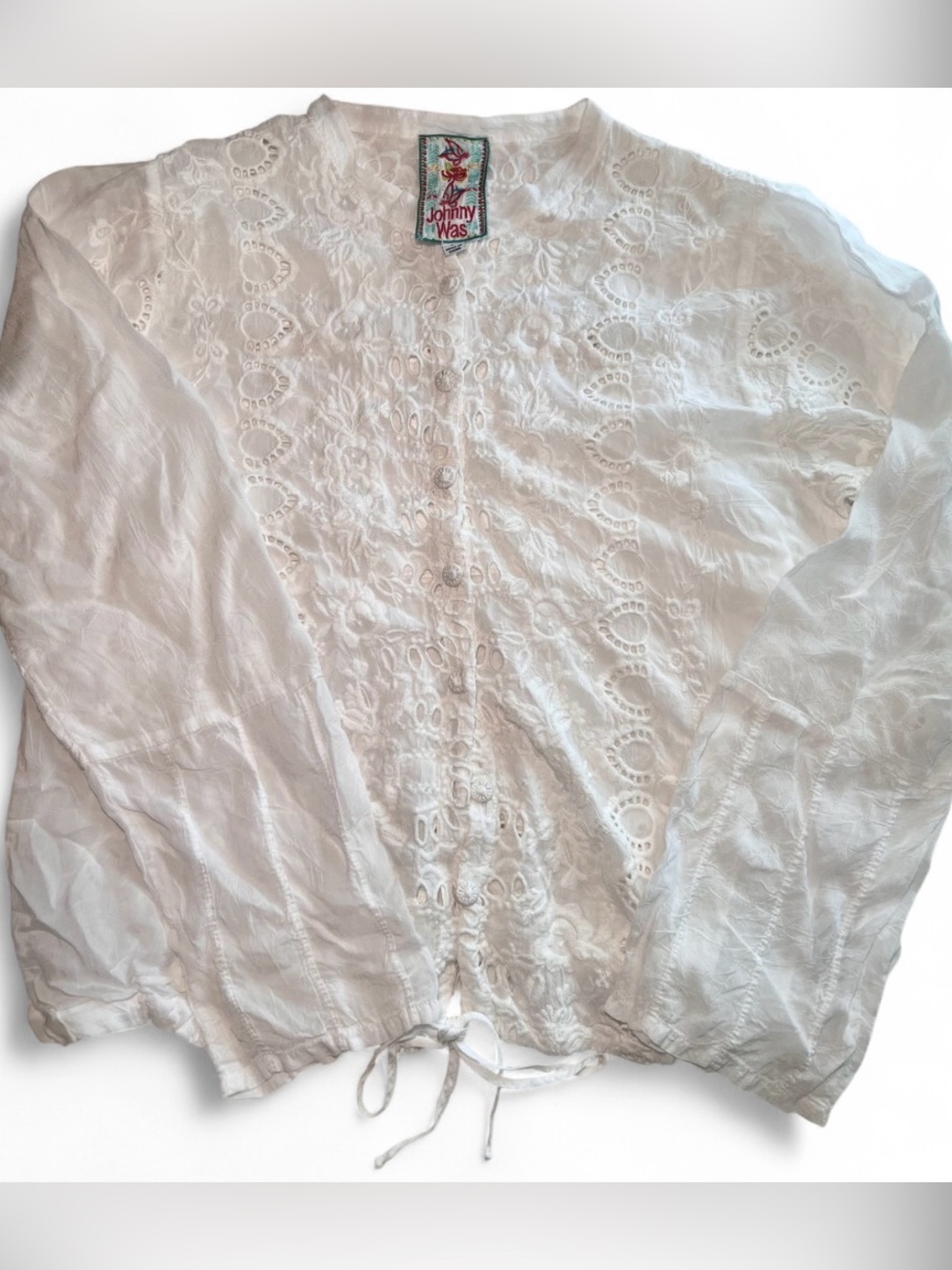Johnny Was White Embroidered Eyelet Button-Front Blouse